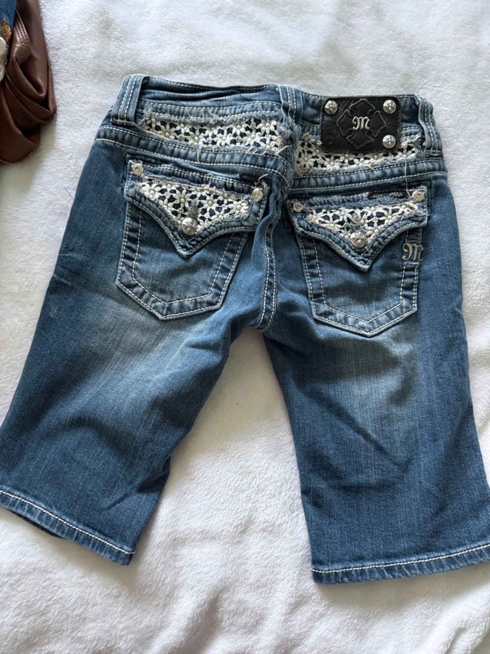 Miss Me Blue Denim Shorts with Crochet Back Pocket Detail
